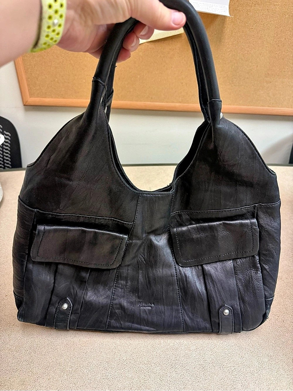 Vintage Perlina Black Leather Hobo Bag